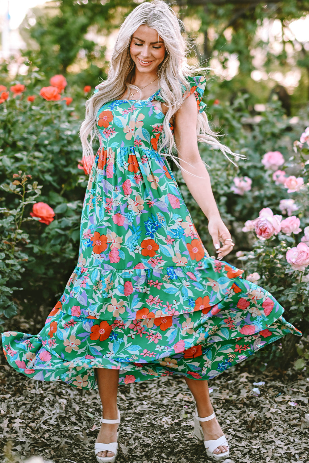 Green Floral Print Sleeveless Ruffle Tiered Maxi Dress Delight