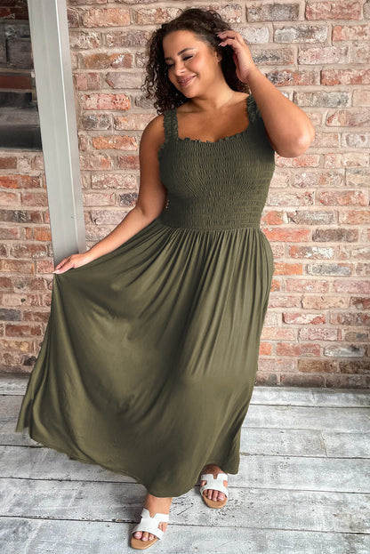 Flattering jungle green sleeveless plus size maxi dress with shirred bust