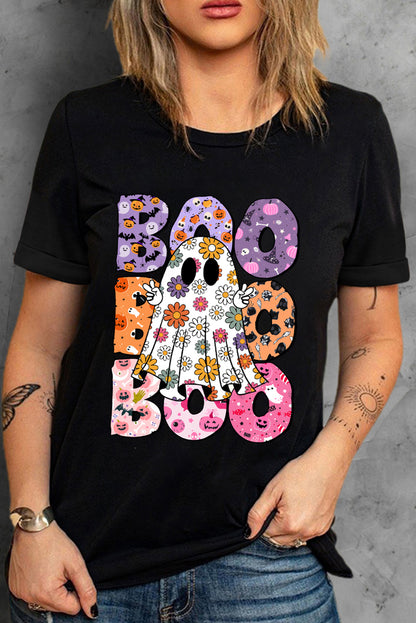 Floral ghost print Halloween t-shirt with playful BOO lettering