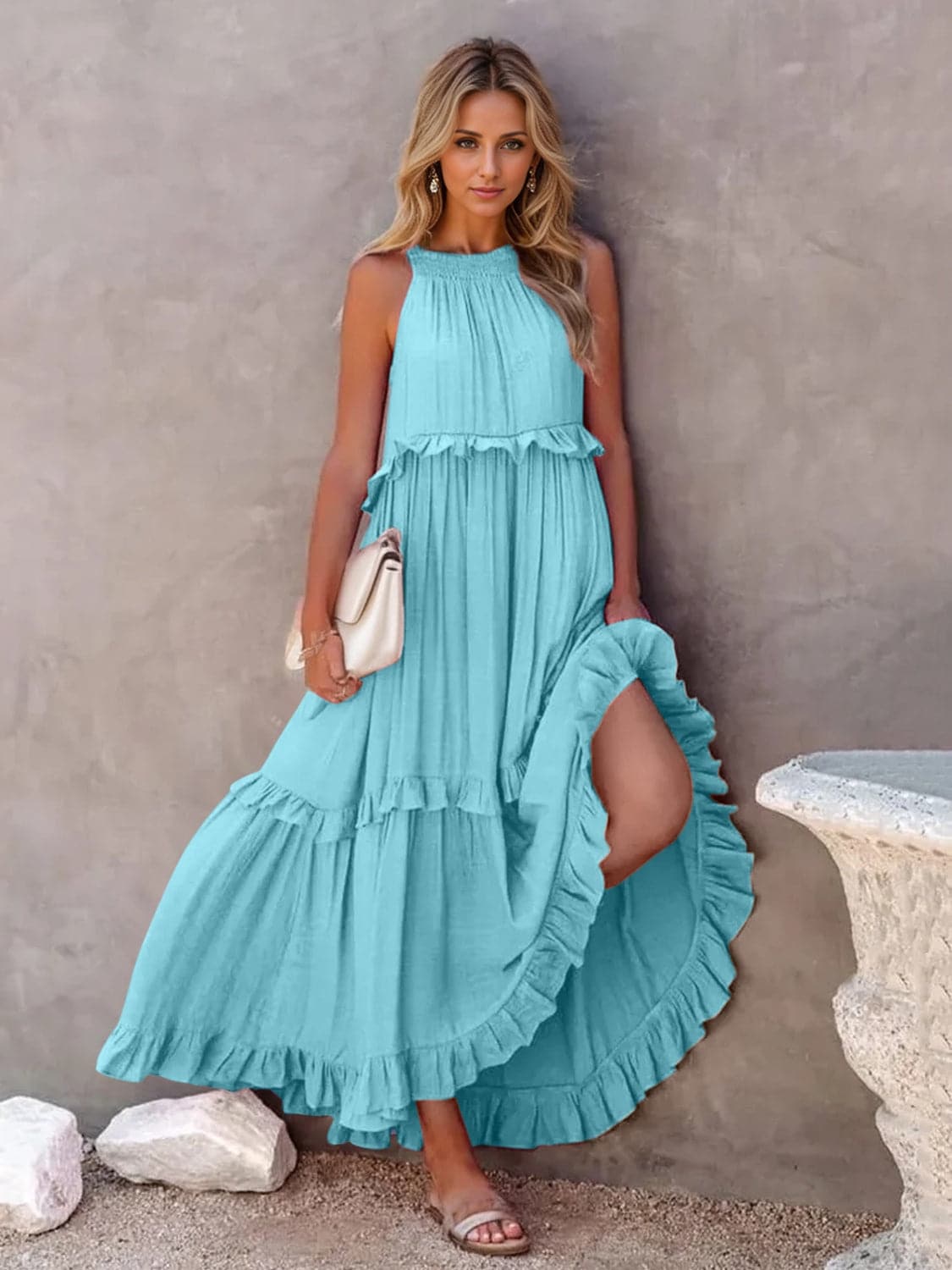 Ruffled Sleeveless Tiered Maxi Dress with Pockets.