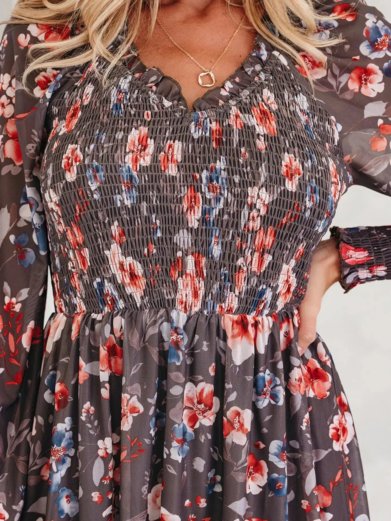 Frilly Smocked Bodice Floral Mesh Long Sleeve Mini Dress Simply Love