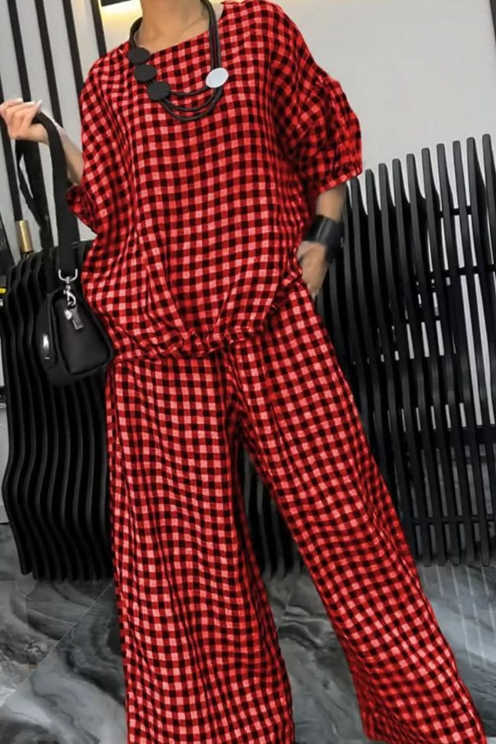 Plaid two-piece half sleeve top and pant ensemble