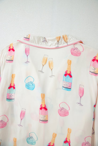 Festive wine glass print pajama set with bow knot details