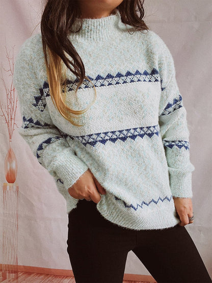 Geometric Mock Neck Dropped Shoulder Sweater.