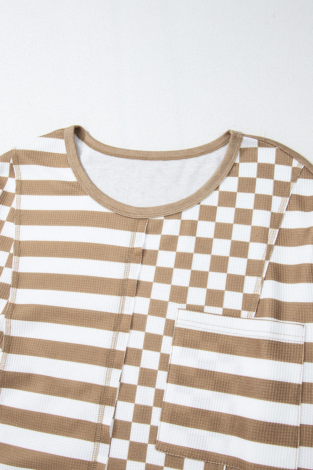 Khaki patchwork blouse with checkerboard and striped design