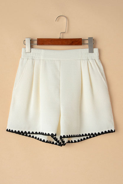 Textured White Casual Shorts with Contrasting Ricrac Hemline