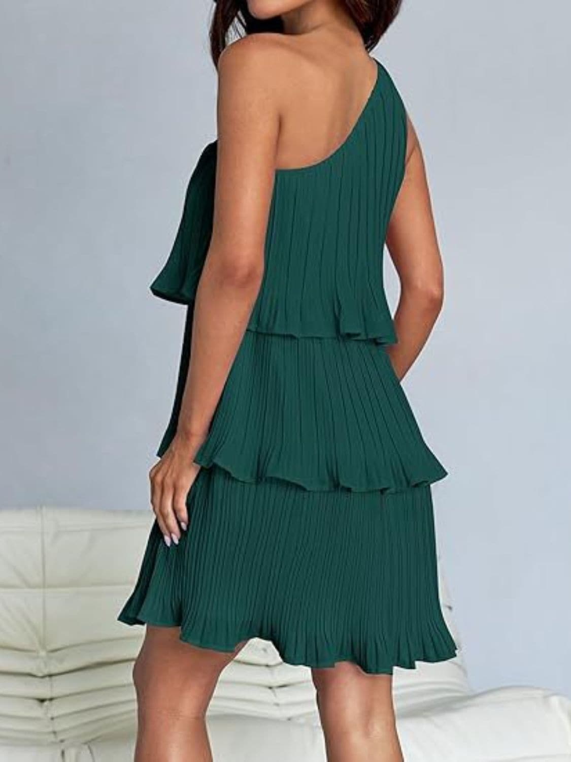 Chic sheer mini dress with ruffles, layered design, green, side view