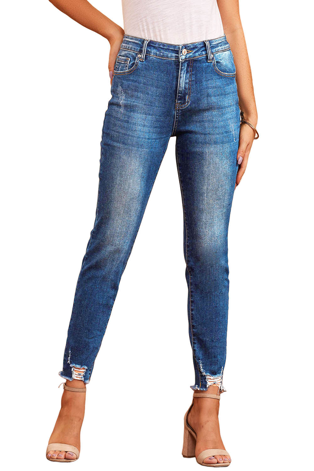 Chic blue ankle-length skinny jeans with raw hem detail