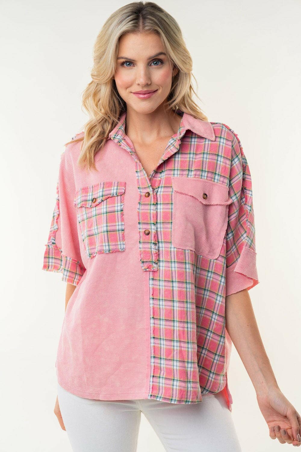 White Birch Plaid Color Block Half Button Top.