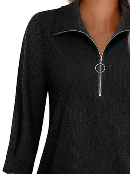 Half Zip Collared Neck Three-Quarter Sleeve T-Shirt.