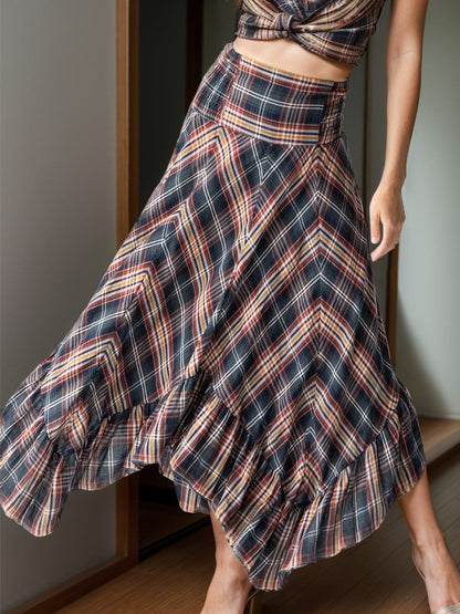 Plaid Asymmetrical Ruffle Hem Skirt.