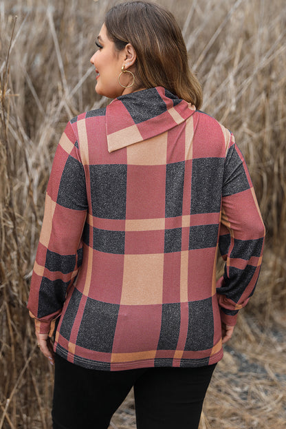 Mineral red plus size plaid top with asymmetric neckline and button details