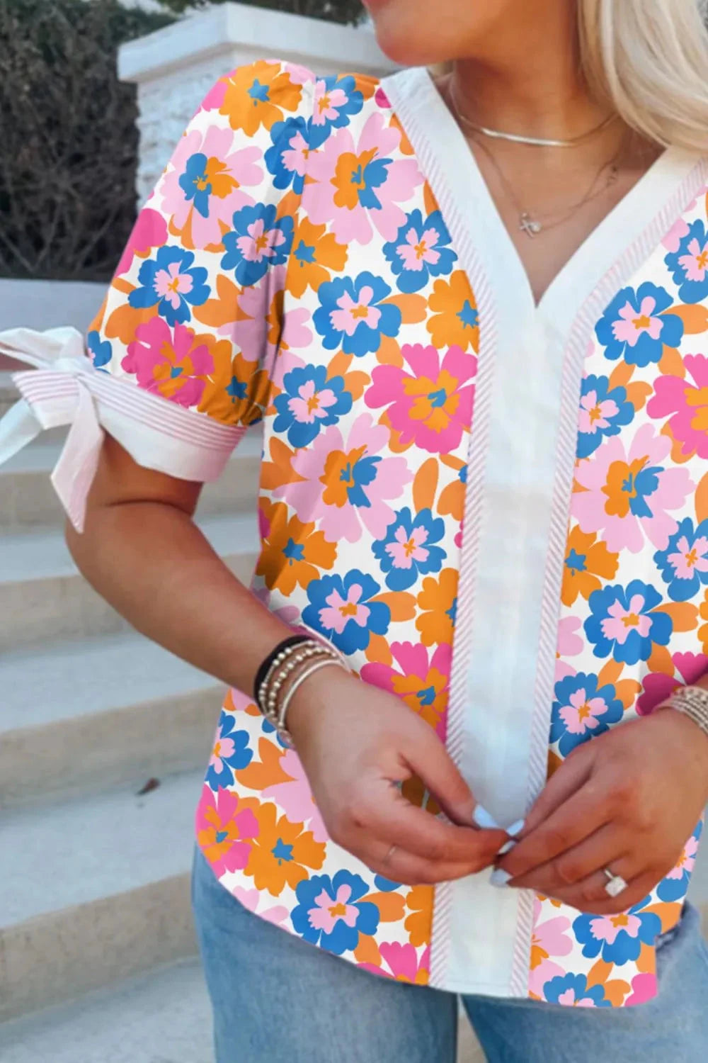 Floral Striped Edge V Neck Knotted Short Sleeve Blouse Simply Love
