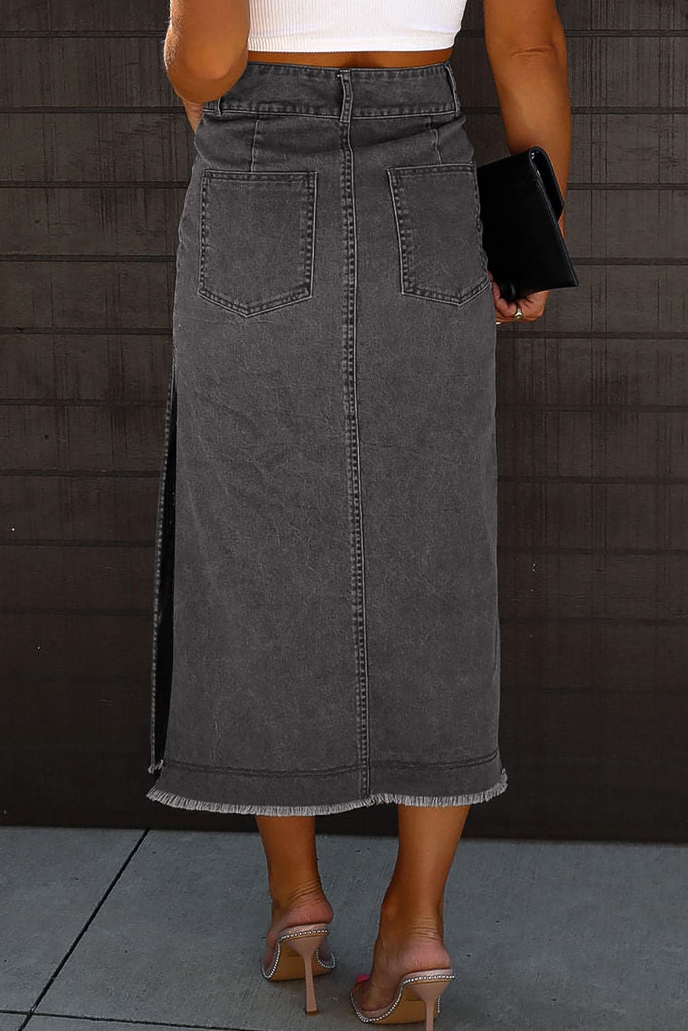 Raw Hem Slit Pocketed Midi Denim Skirt.