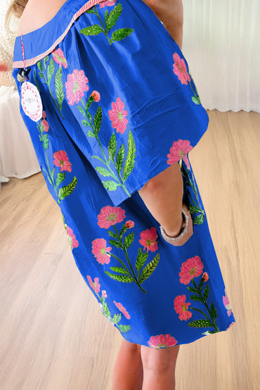 Blue Floral Short Sleeve Split Neck Loose Mini Dress