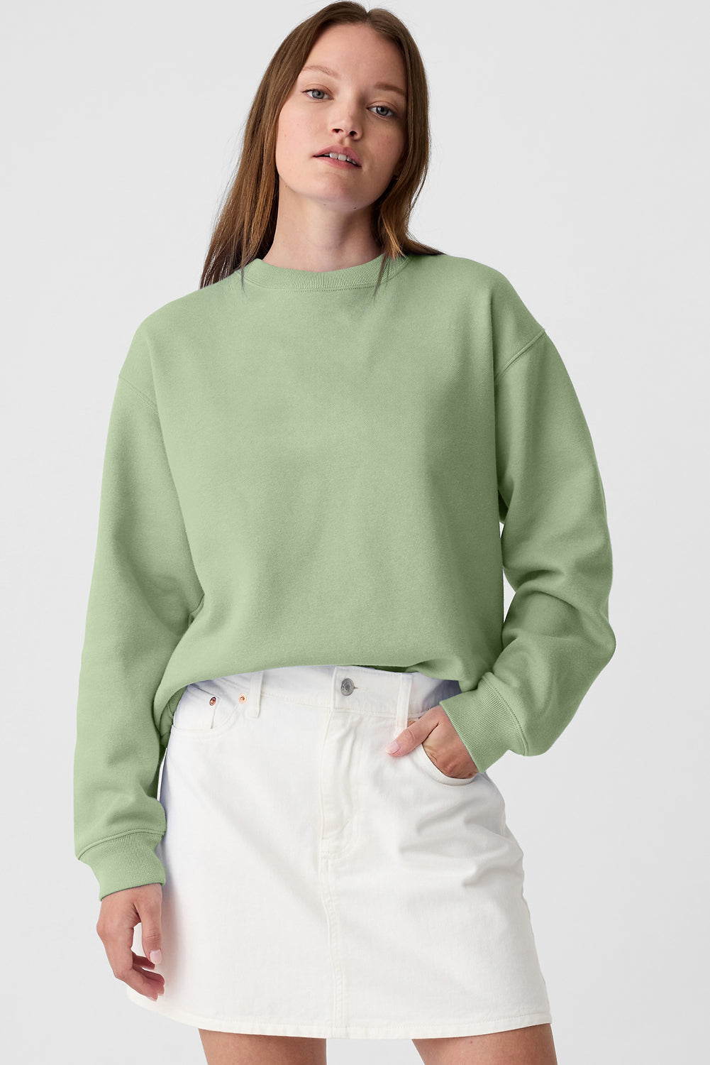 Smoke green casual drop shoulder crewneck pullover sweatshirt