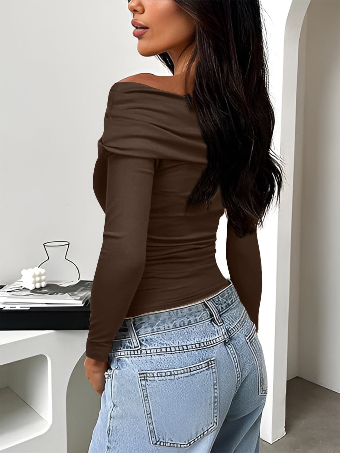 Ruched One Shoulder Long Sleeve T-Shirt.