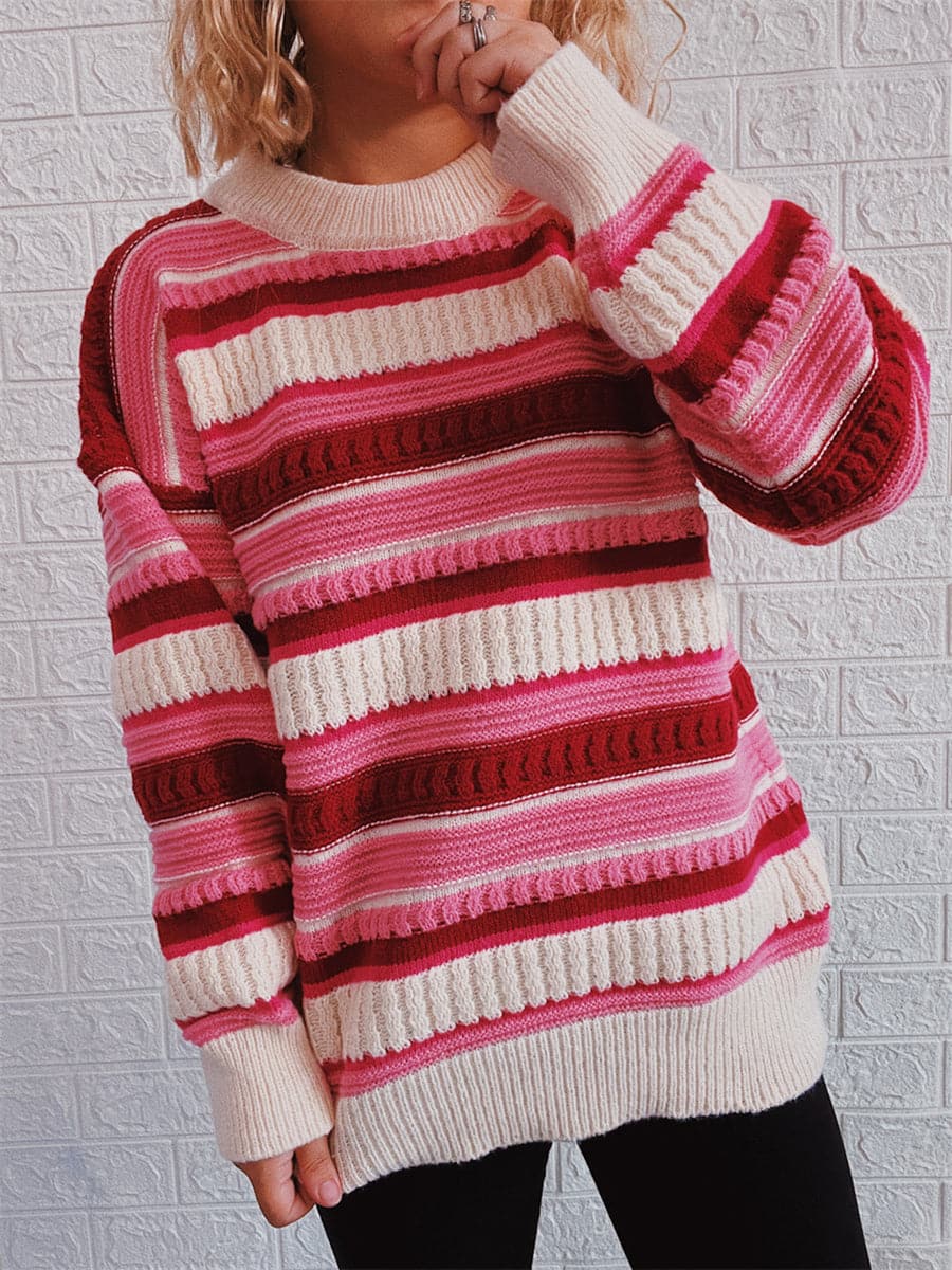 Striped Drop Shoulder Round Neck Sweater.