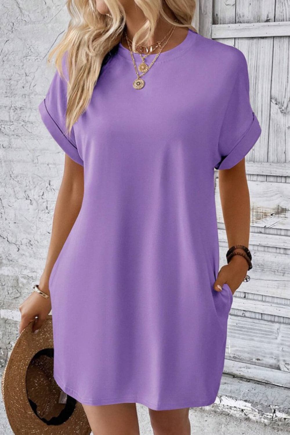 Casual pocketed round neck tee dress