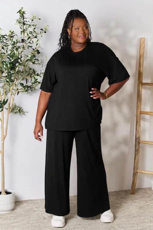 Double Take Full Size Round Neck Slit Top and Pants Set - Love Salve