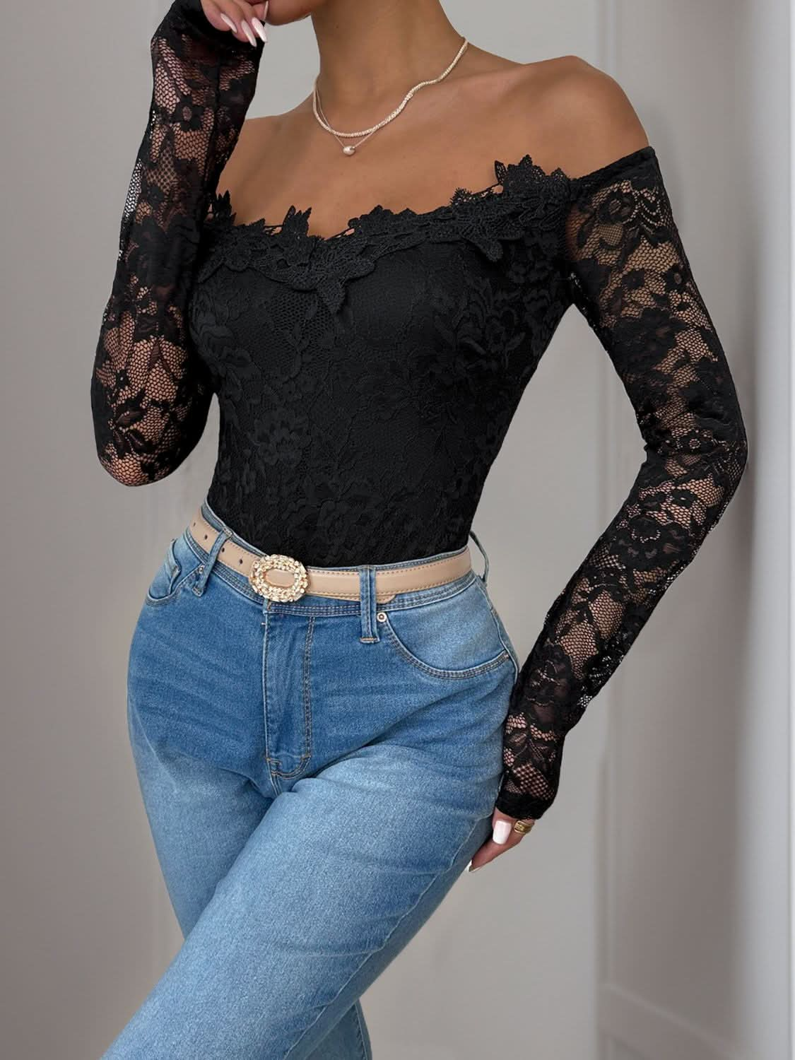 Lace allure off-shoulder bodysuit with long sleeves