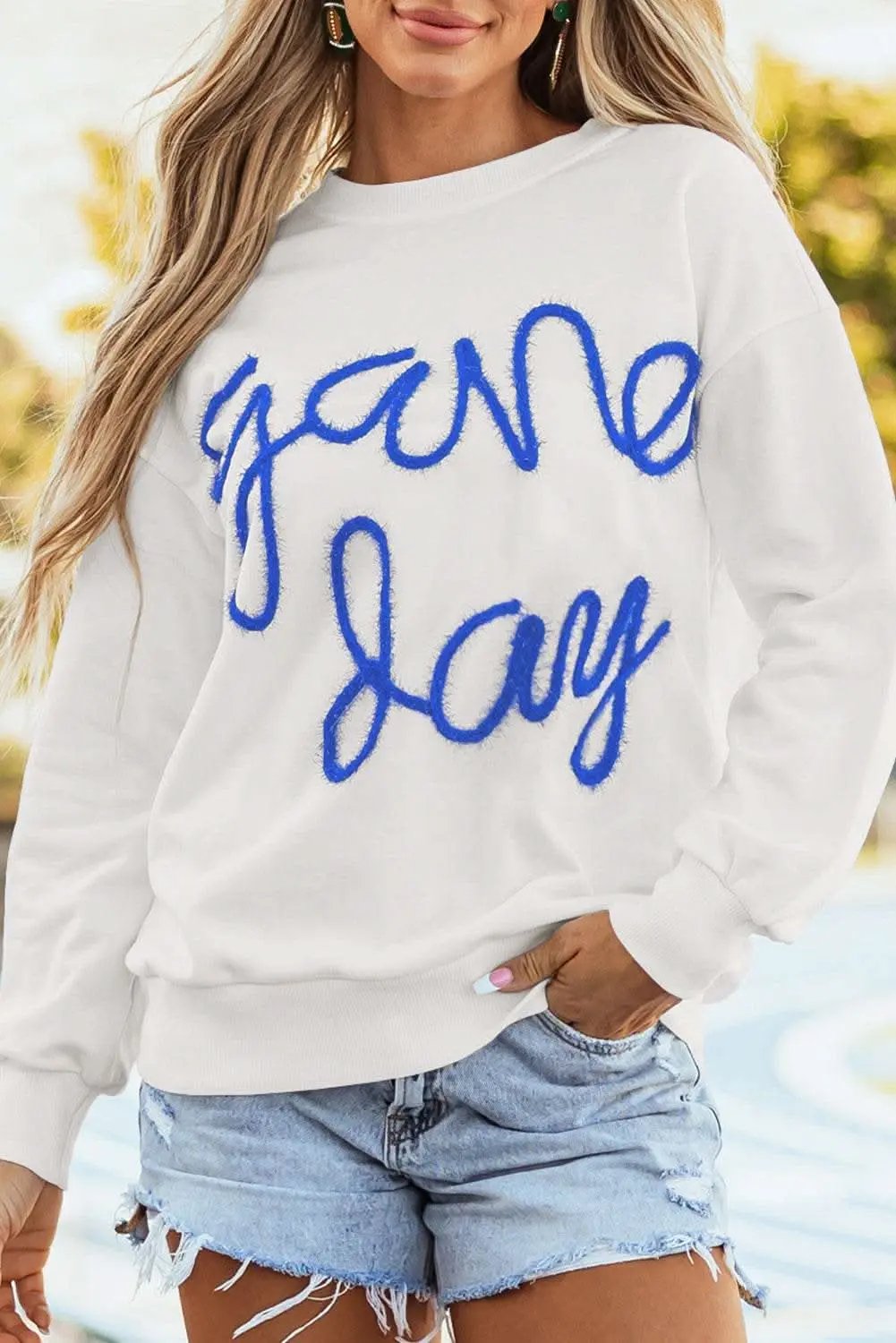 Gameday vibes white tinsel sweatshirt - Love Salve 