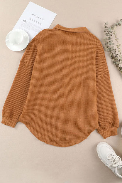 Collared Long Sleeve Waffle-Knit Shirt with Pocket