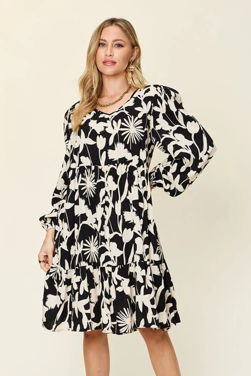 Double Take Full Size Printed Ruffle Hem Long Sleeve Dress - Love Salve