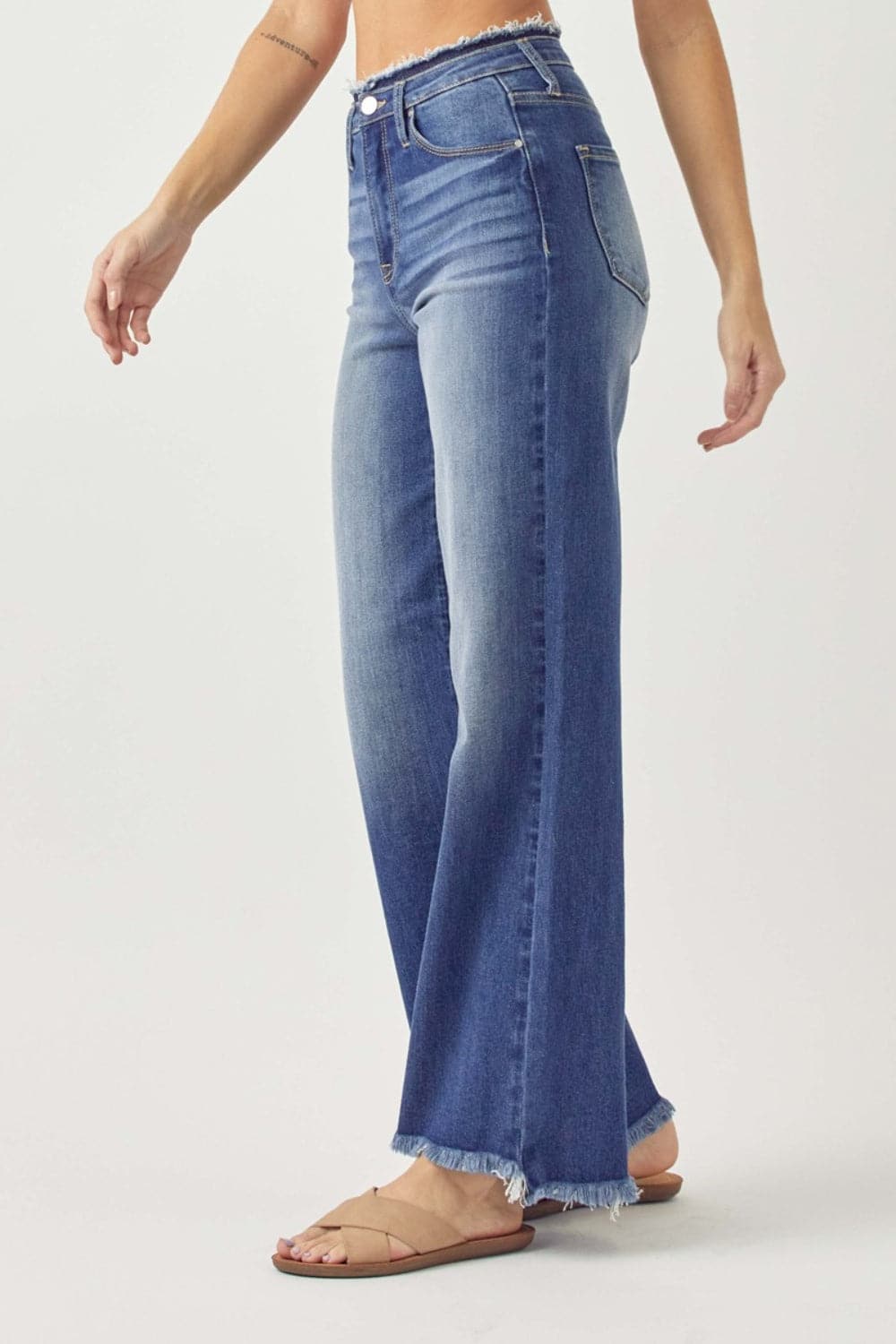 RISEN High Waist Raw Hem Wide Leg Jeans.