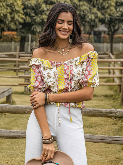 Ruffled Printed Off-Shoulder Short Sleeve Blouse.