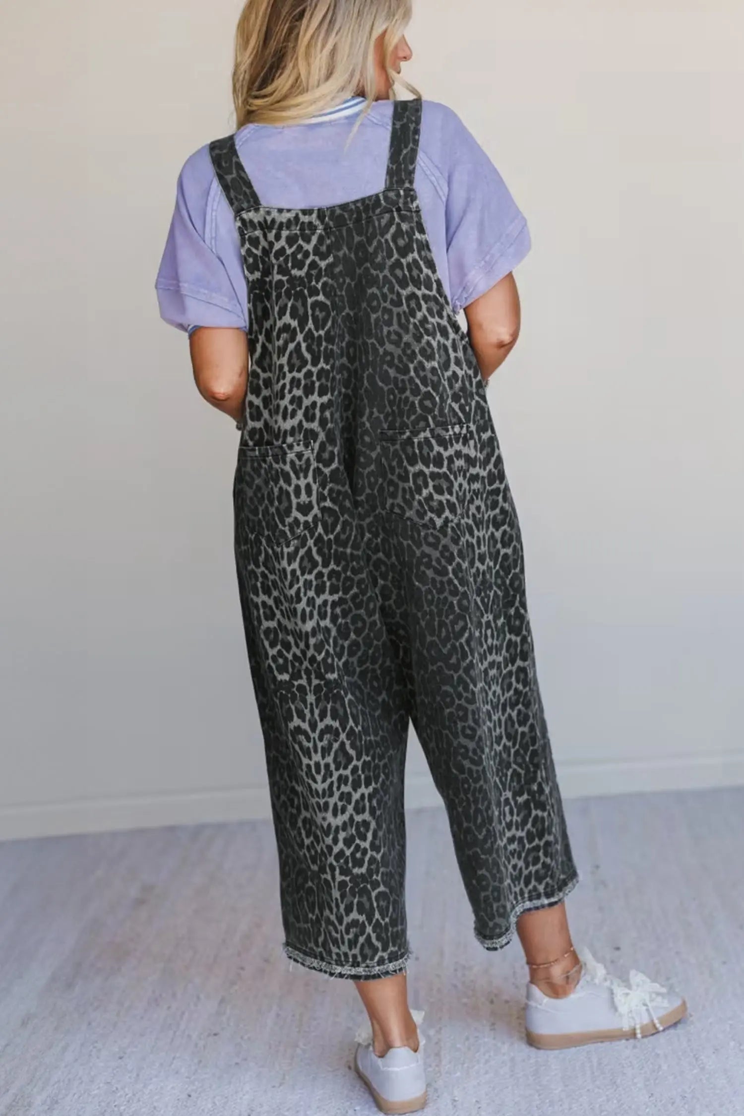 Gray Leopard Print Denim Overalls With Button Adjustable Straps Cropped Fit Dear-Lover Dropshipping