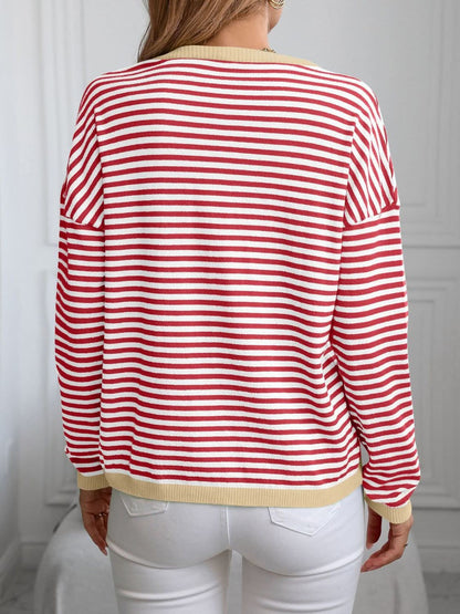 V-neck striped knit top with trim