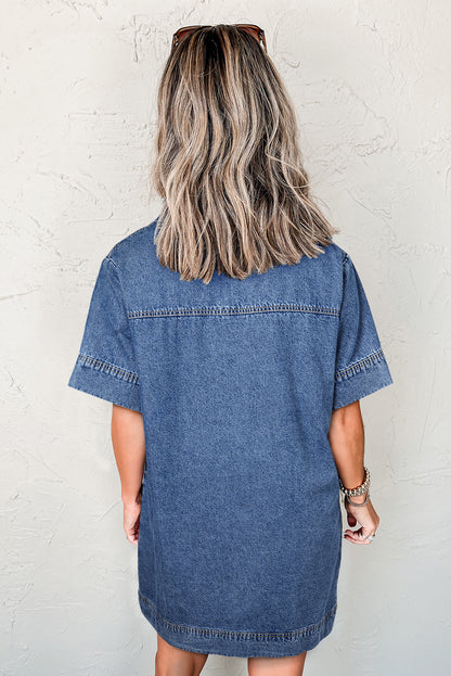 Blue Denim Mini Dress with Short Sleeves and Collared Neckline Featuring Patched Pockets