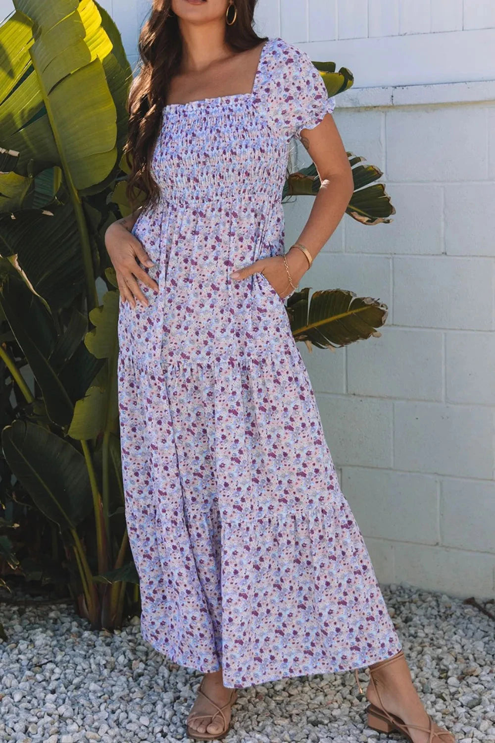 Tiered Floral Shirred High Waist Maxi Dress Simply Love