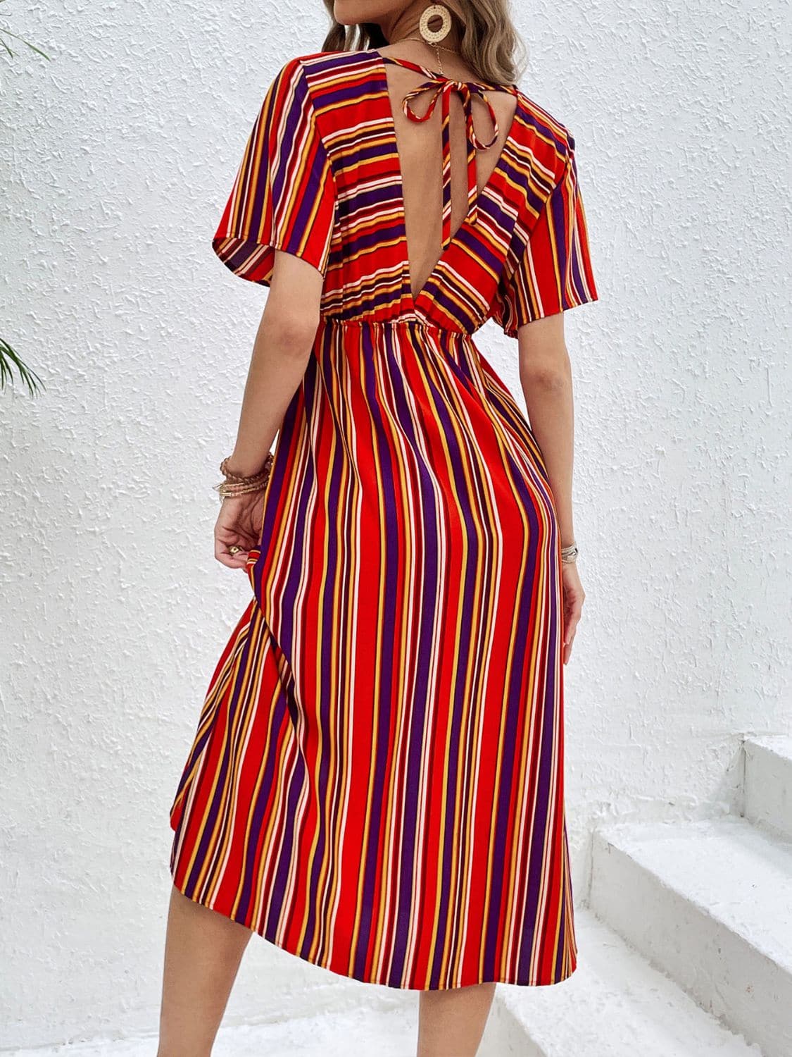 Slit Striped V-Neck Short Sleeve Midi Dress.