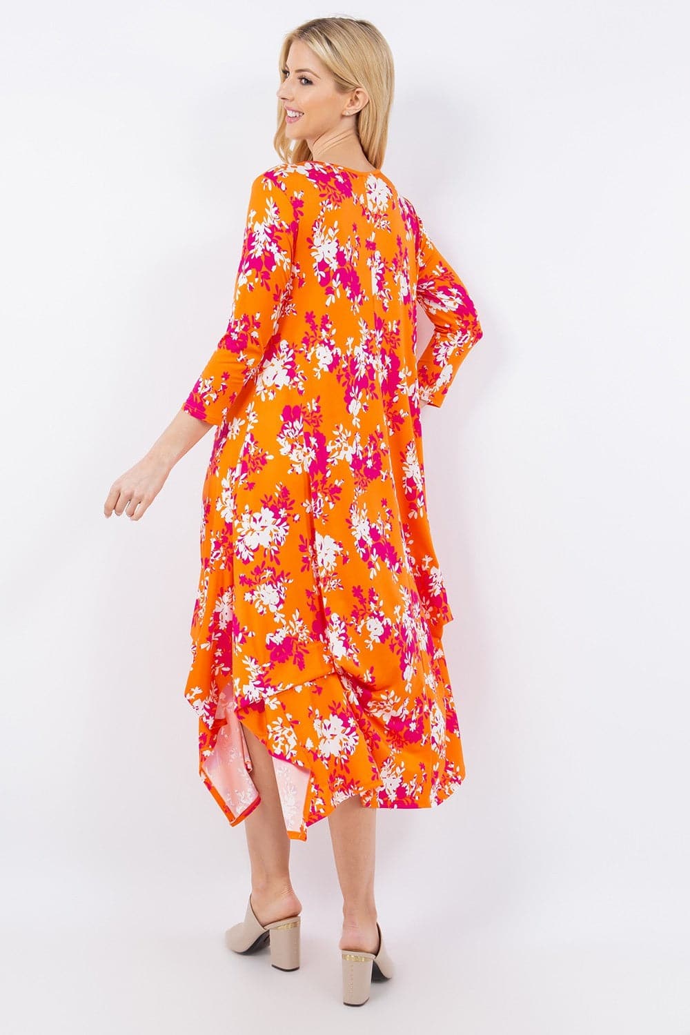 Celeste Full Size Pick-Up Hem Asymmetric Floral Midi Dress.