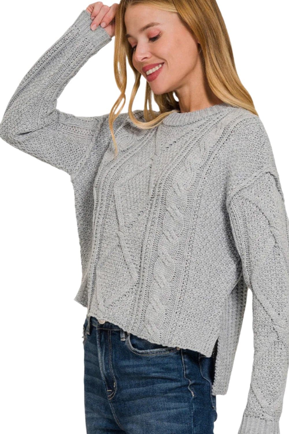 Cropped high-low cable knit sweater with chic side slits