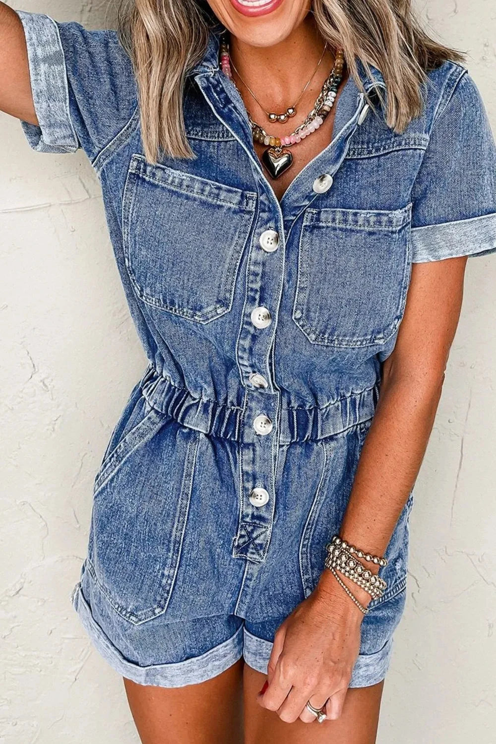 Chest Pocket Front Buttoned Folded Edge Denim Short Sleeve Romper Simply Love