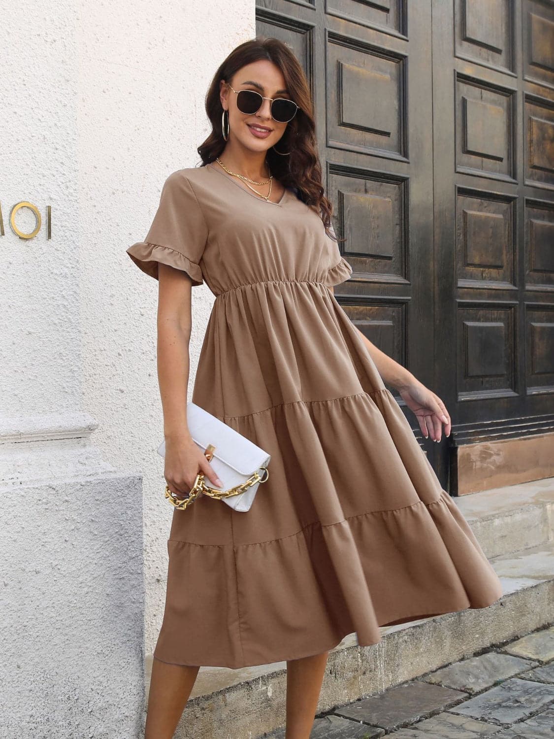 V-Neck Short Sleeve Midi Dress.