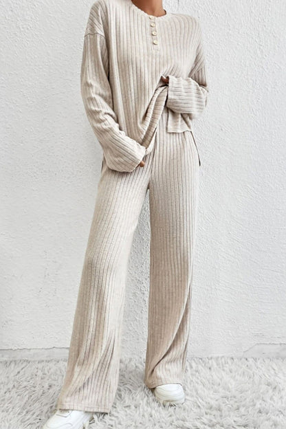 Ribbed Half Button Knit Top and Pants Set.