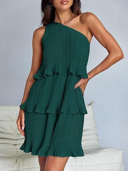 Chic sheer mini dress with ruffles, layered design, sleeveless, green color.