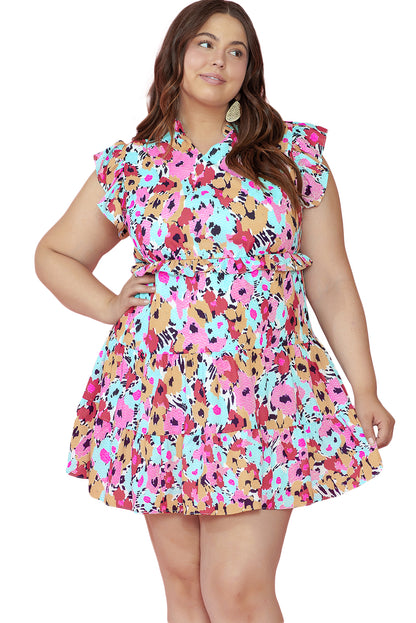 Flirty floral ruffle cap sleeve plus size mini dress