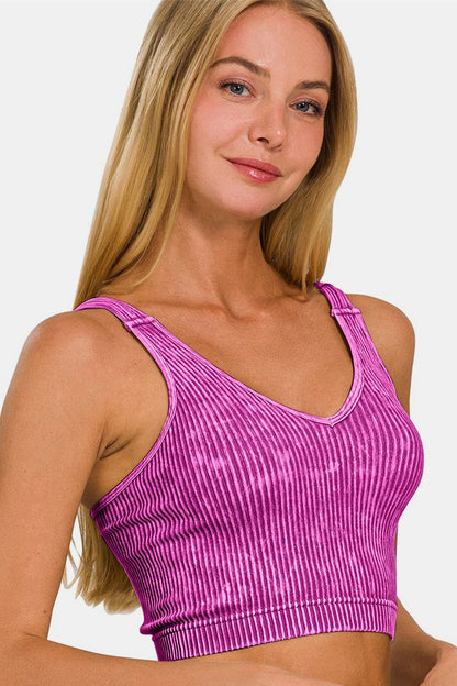 Zenana Washed Ribbed Cropped V-Neck Tank.