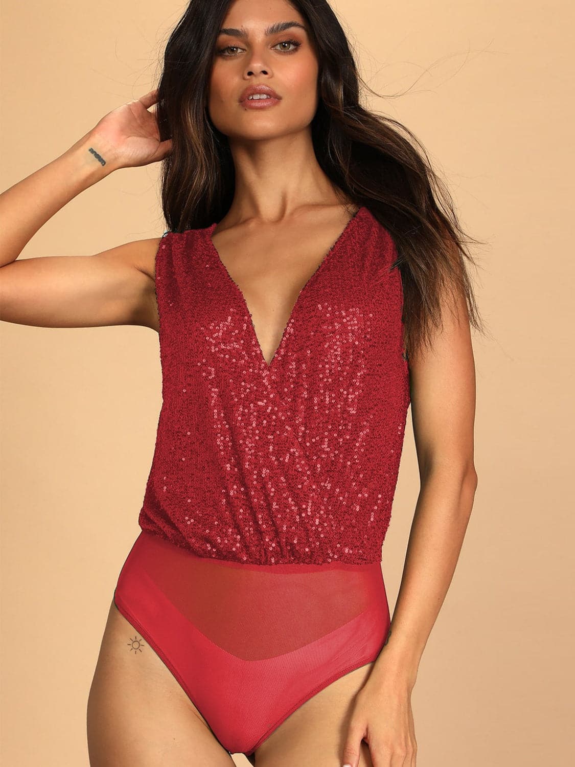 Sequin Surplice Sleeveless Bodysuit.