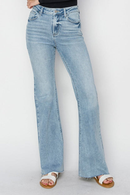 RISEN Full Size High Rise Raw Cut Hem Bootcut Jeans.