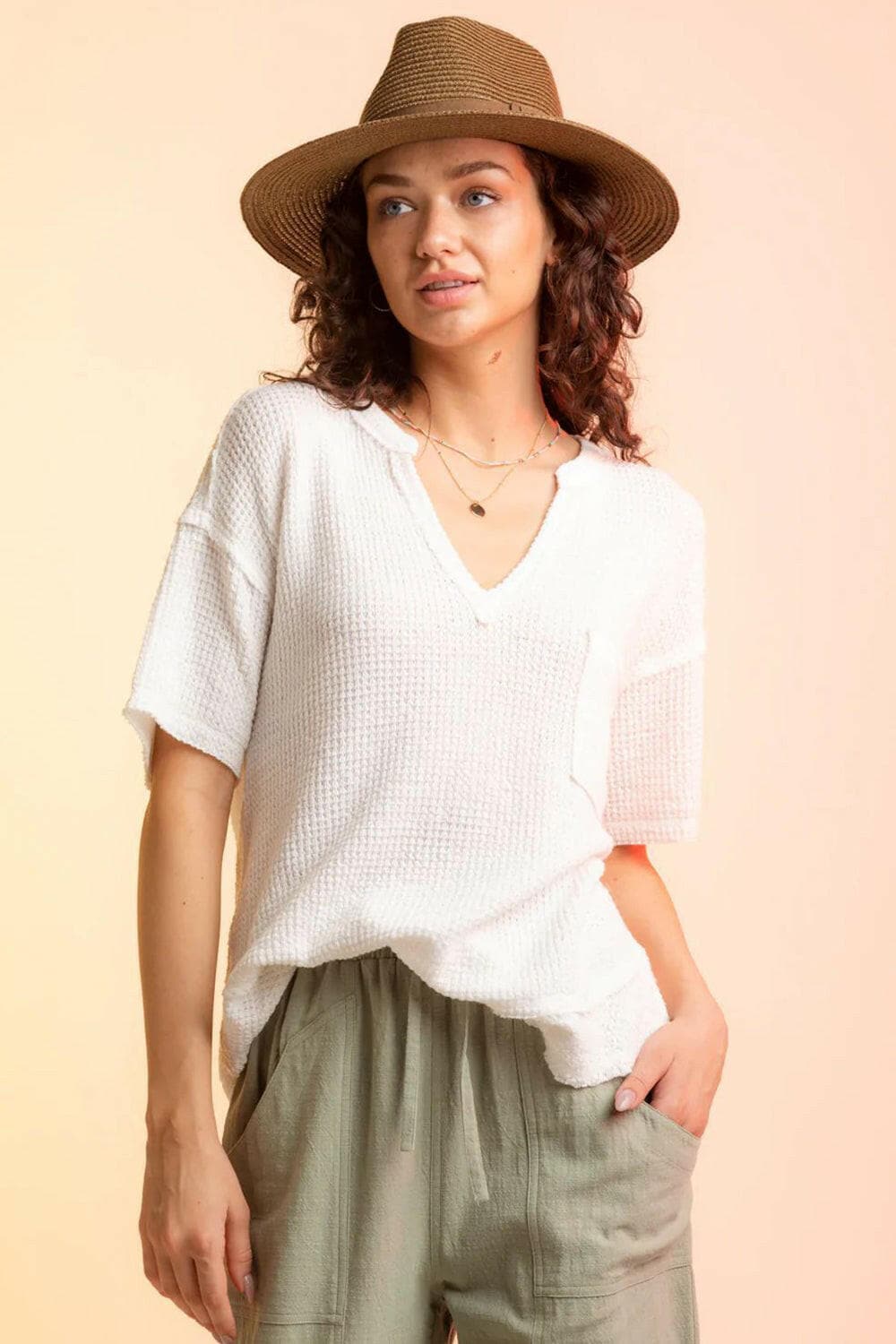 Waffle-Knit Notched Half Sleeve T-Shirt.