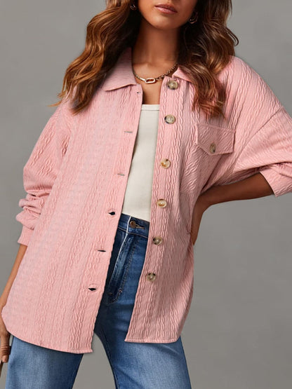 Stylish textured long sleeve button-up shacket