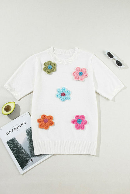 Flower Round Neck Short Sleeve Sweater.