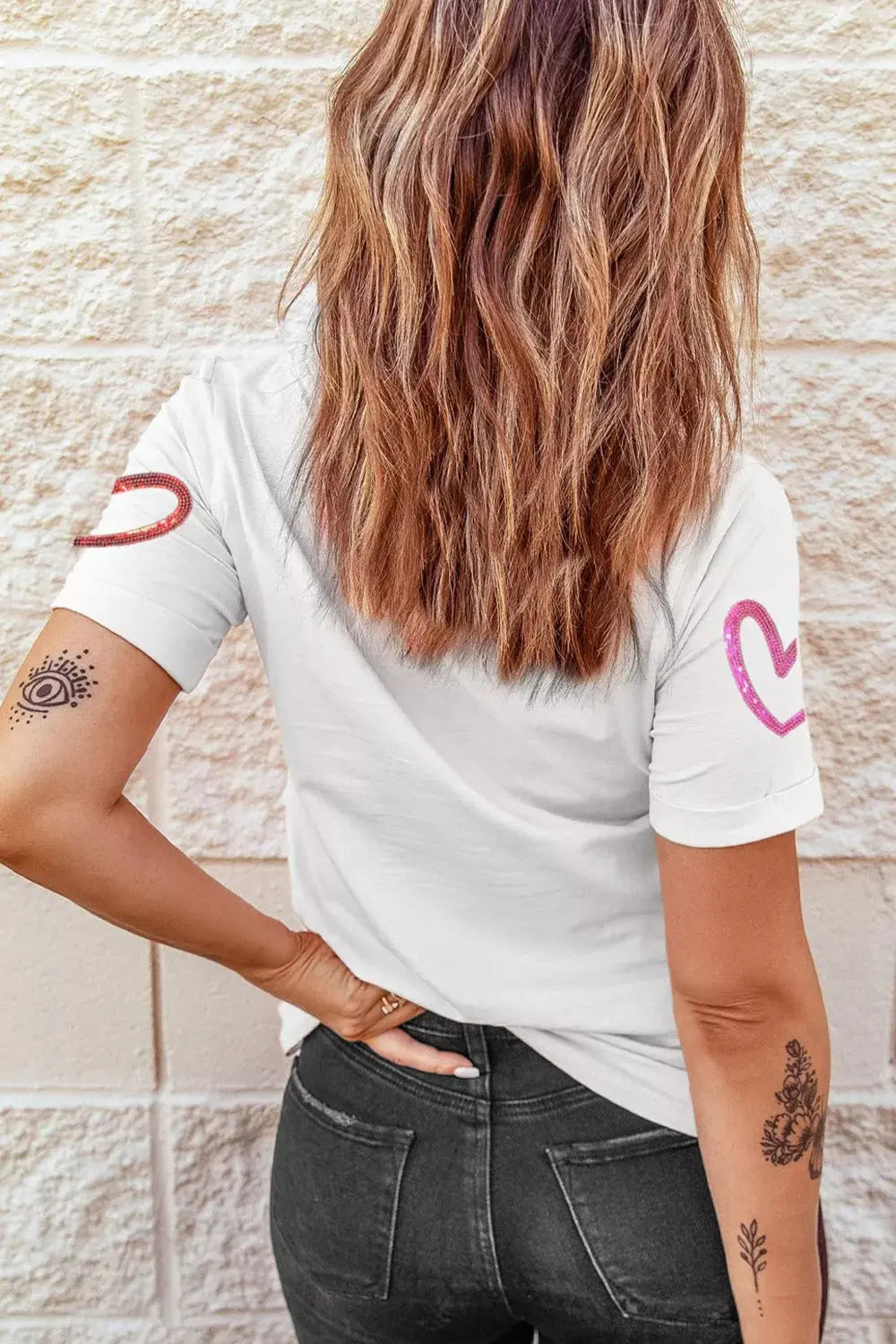 Sequin Heart Short Sleeve Casual Tee Simply Love