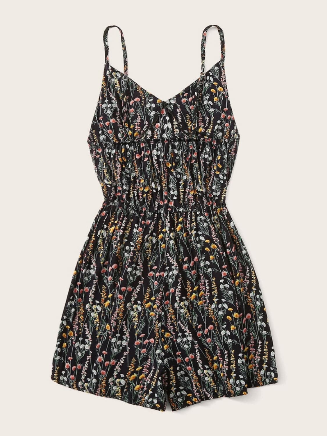 Printed V-Neck Spaghetti Strap Romper.